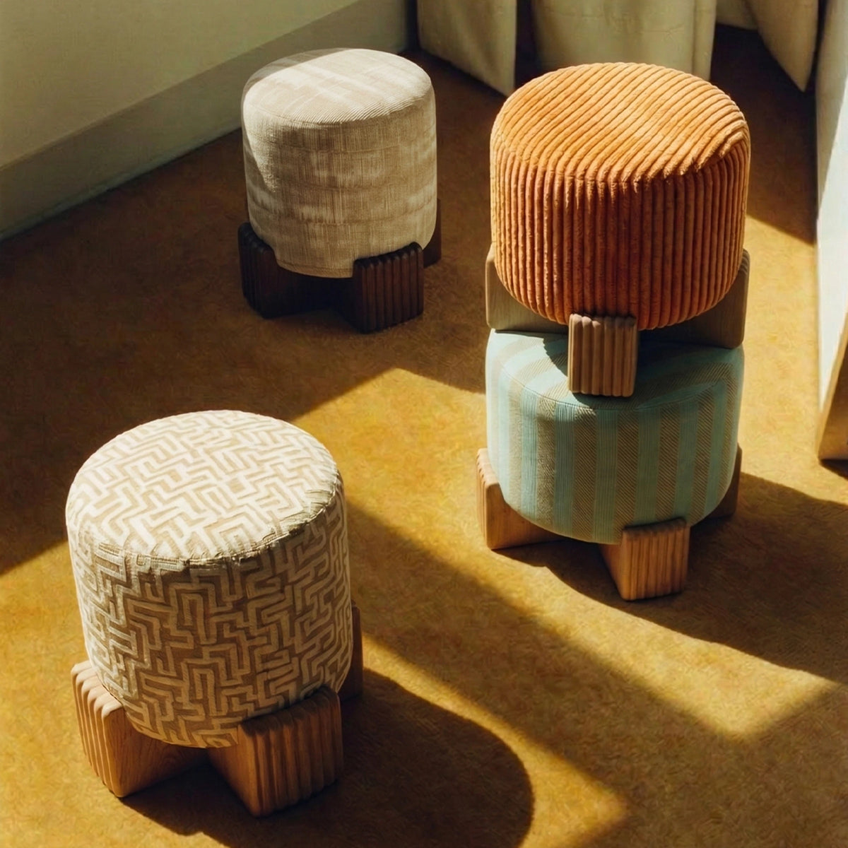 Twin Ottoman group in mixed fabrics by Maison Burgos