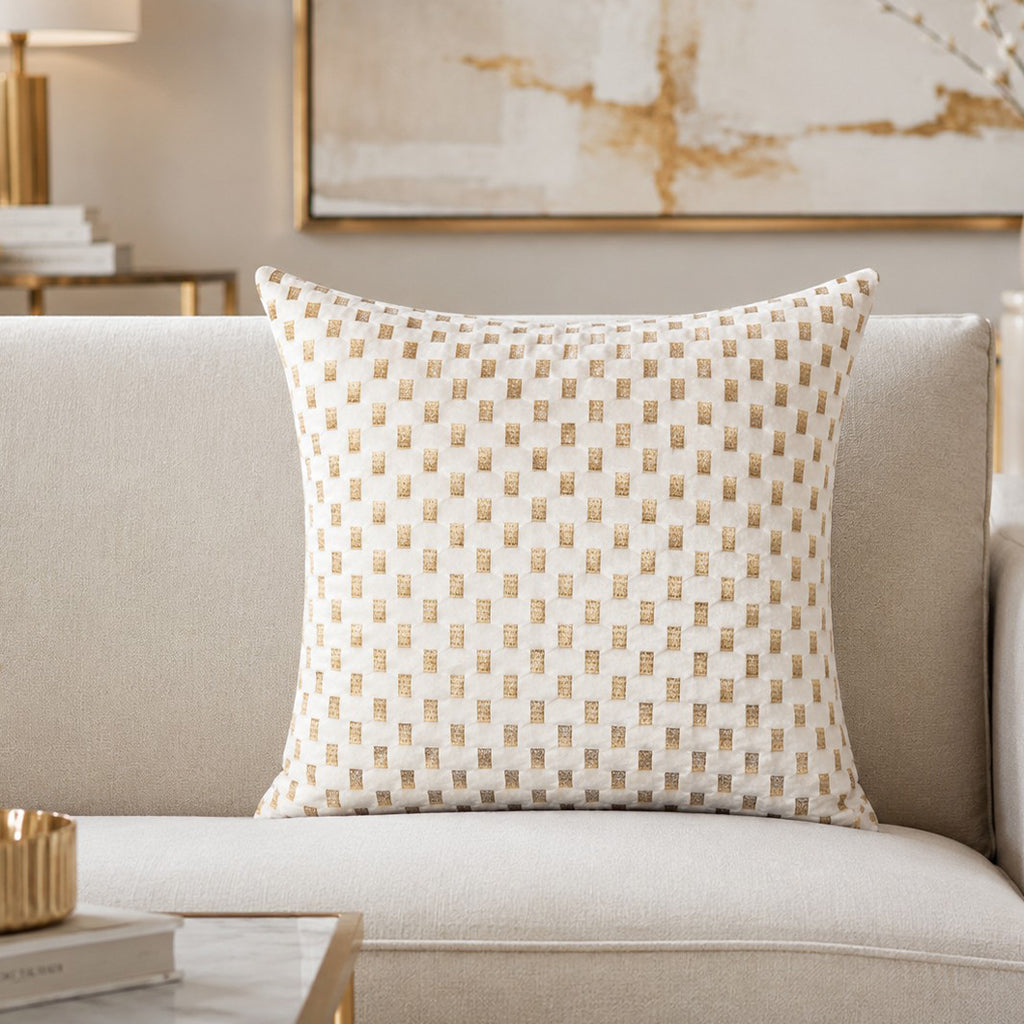 Verona Ivory Gold Pillow, styled in a living room by Maison Burgos