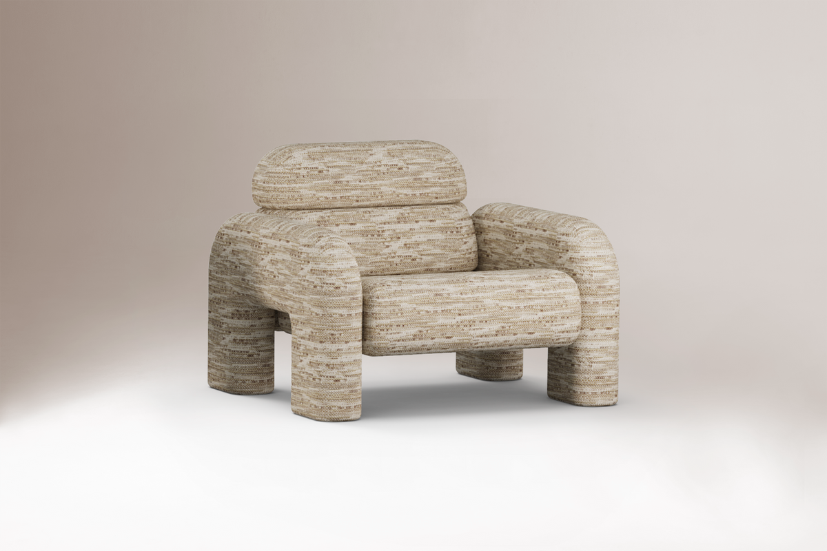 Vertigo Armchair in beige textured weave, three-quarter view on a soft backdrop