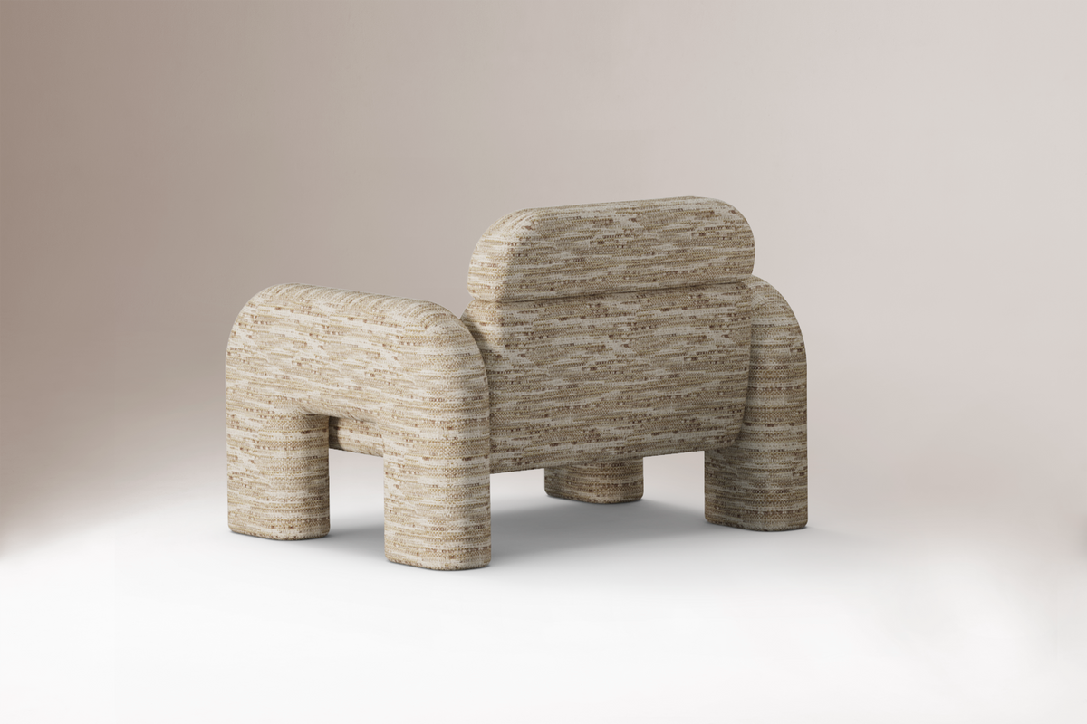 Vertigo Armchair in beige textured weave, back three-quarter view
