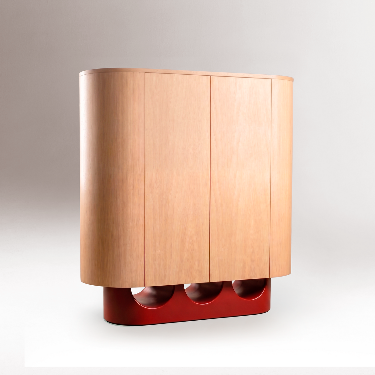 Wave Bar Cabinet natural oak with wine lacquer base studio view by Maison Burgos