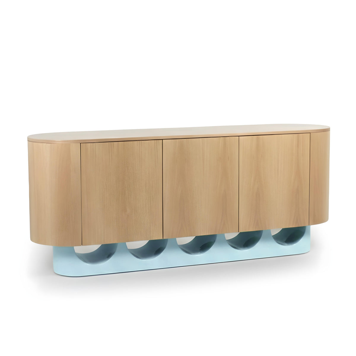 Wave Sideboard natural oak with light blue lacquer base by Maison Burgos