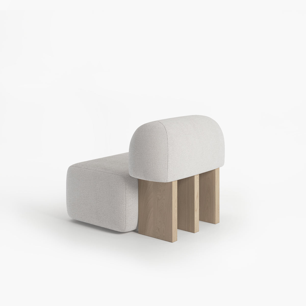 Yemeni Lounge Chair in white boucle with White Oak slab legs, front three-quarter view