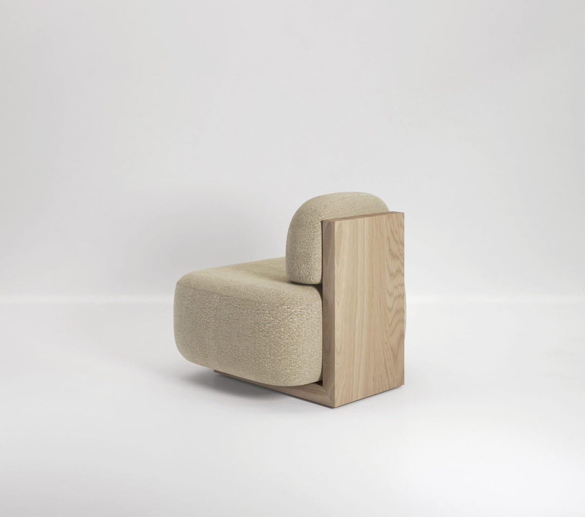 Yoshida Lounge Chair in oatmeal weave with oak panel, three-quarter view on grey