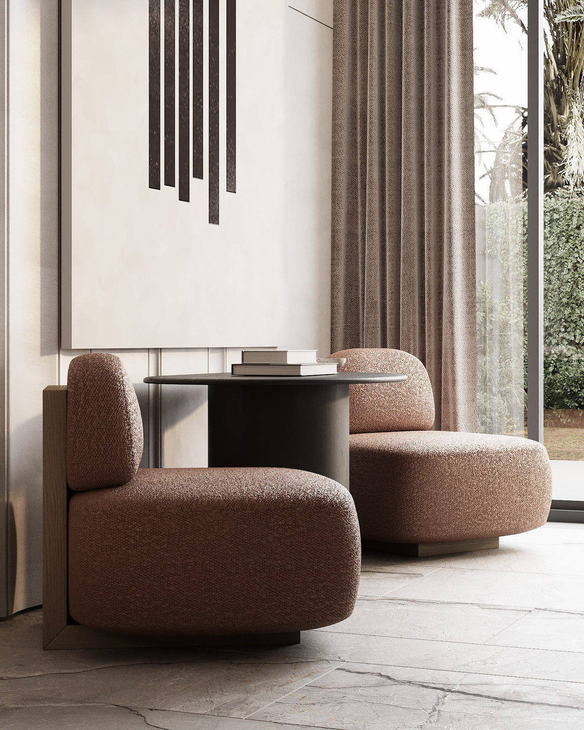 Yoshida Lounge Chairs in rust boucle beside a round dark side table near tall windows