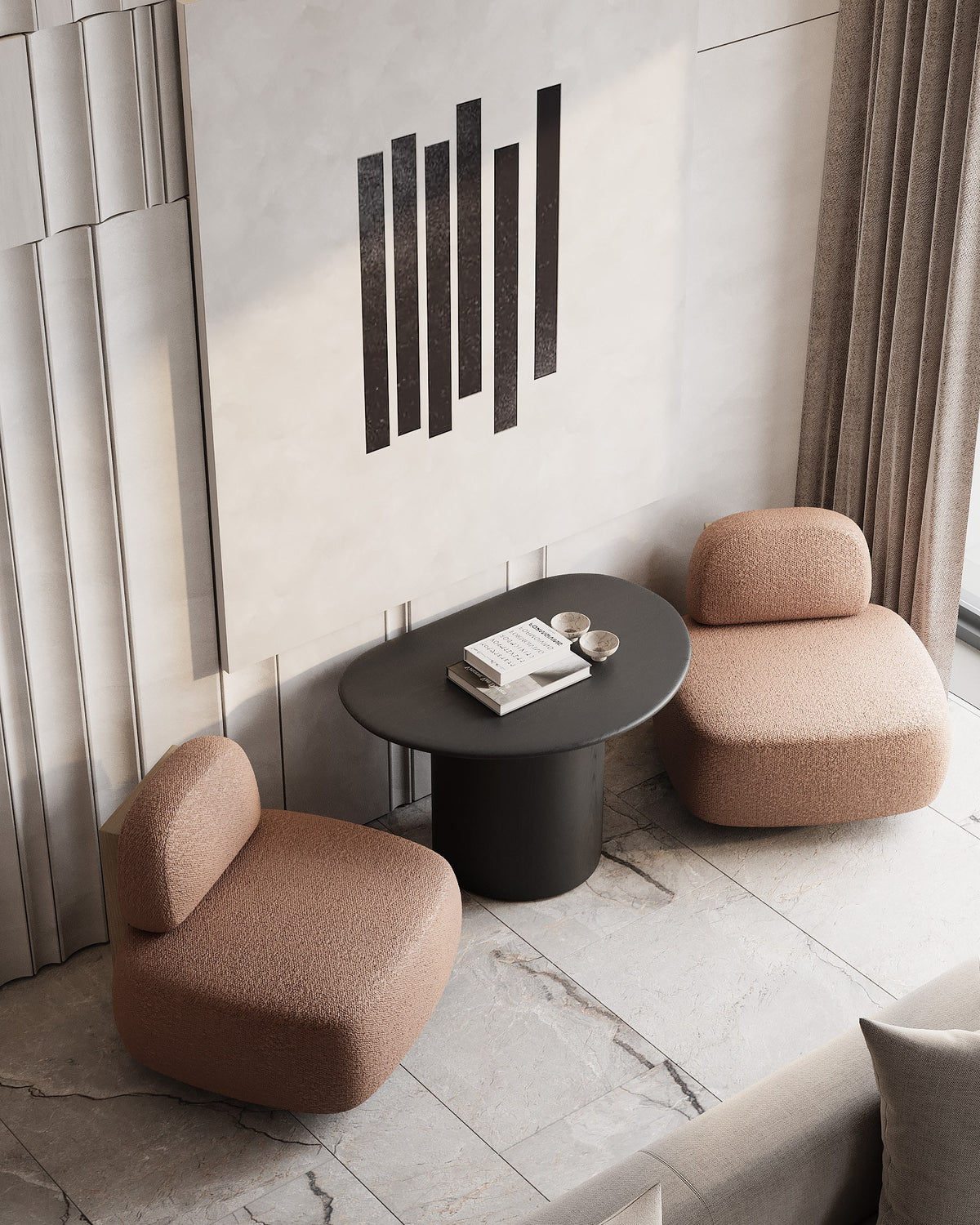 Yoshida Lounge Chairs in rust boucle flanking an oval dark coffee table on marble