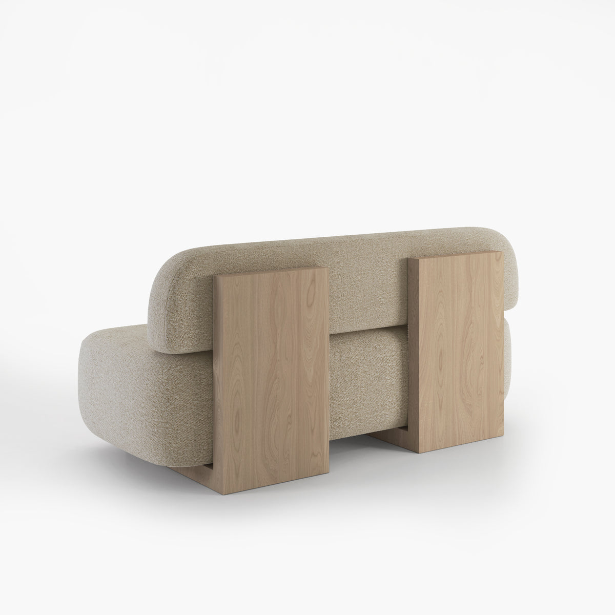 Yoshida Sofa back view with oak panels framing the seat