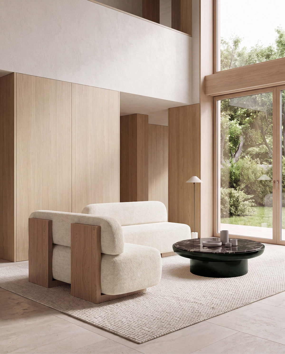 Yoshida Sofa in ivory bouclé with oak sides in a double-height living room